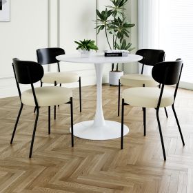 Modern grey simple pu dining chair upholstered chair Family bedroom stool back dressing, white round table set, chair black metal legs (set of 5)